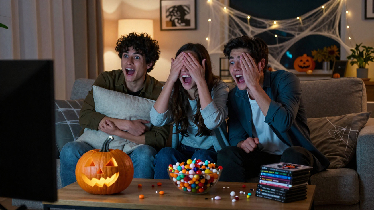 Três jovens assistem assustados a um filme de Halloween, com abóbora decorativa e doces na mesa frente ao sofá.