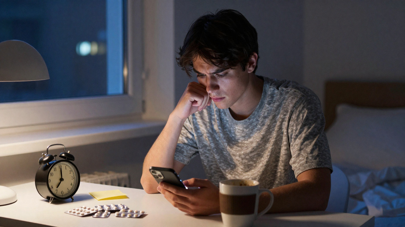 Jovem preocupado olhando o celular à noite, com remédios e relógio na mesa ao lado da cama.