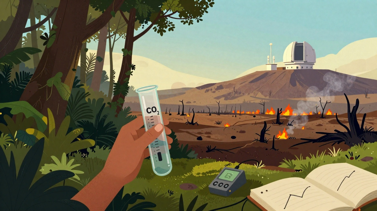 Mão segura tubo de ensaio com CO2 próximo a floresta queimando e observatório ao fundo.