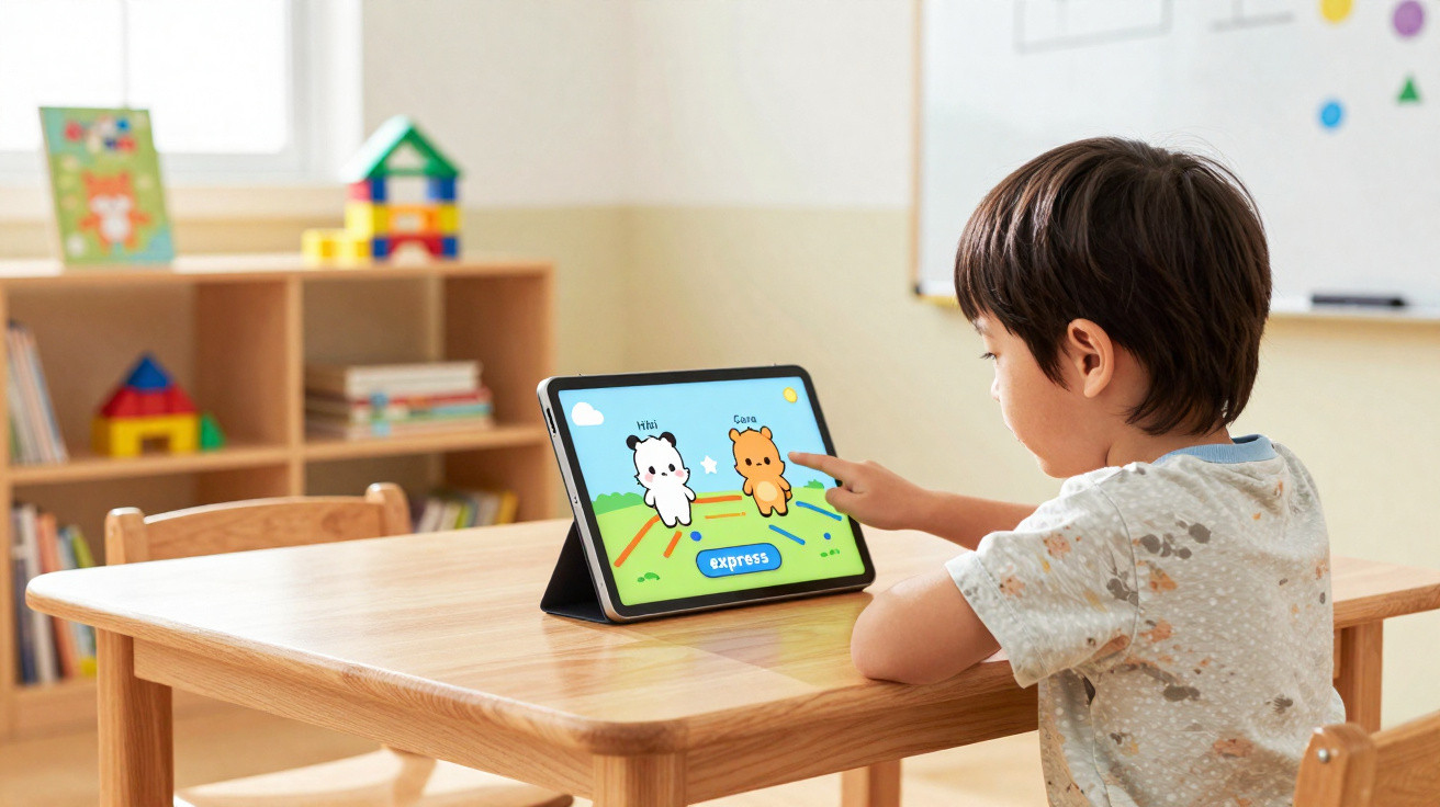 Criança brincando com jogo educativo de gatos em tablet em sala de aula colorida e organizada.