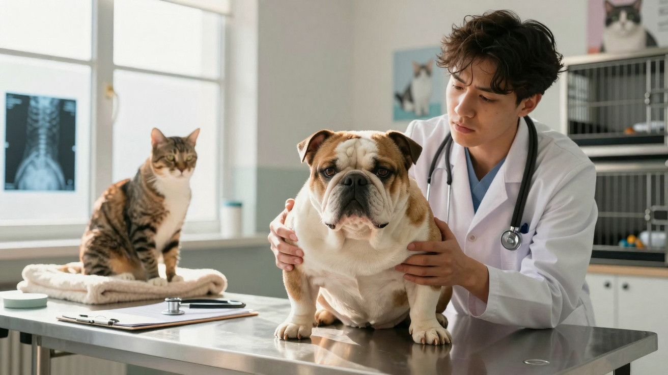 Veterinário examinando bulldog enquanto gato observa em clínica veterinária.