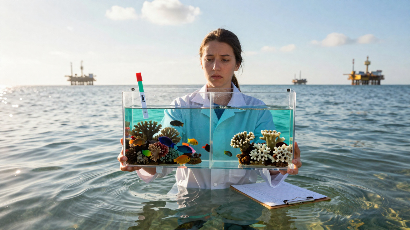 Cientista em pé na água segura aquário dividido com corais e peixes coloridos, com plataformas de petróleo ao fundo.