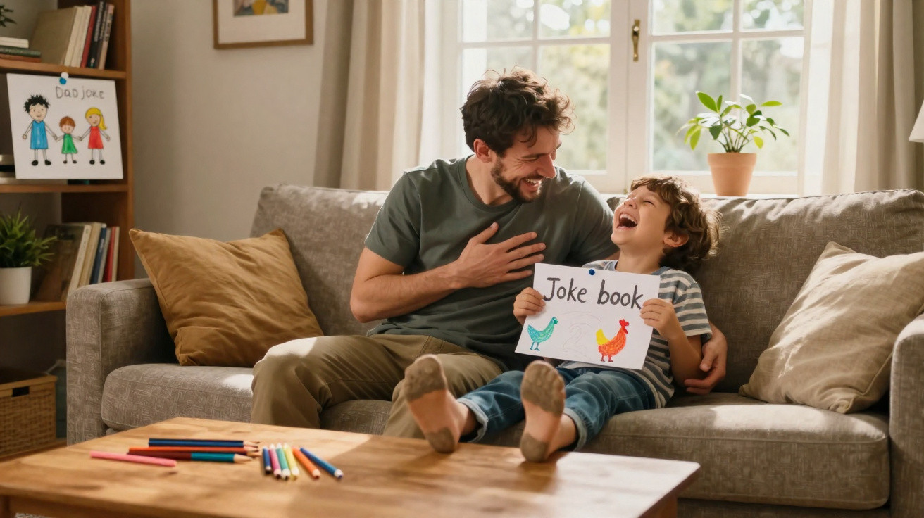 Pai e filho sorrindo no sofá enquanto seguram um caderno de piadas desenhado à mão.