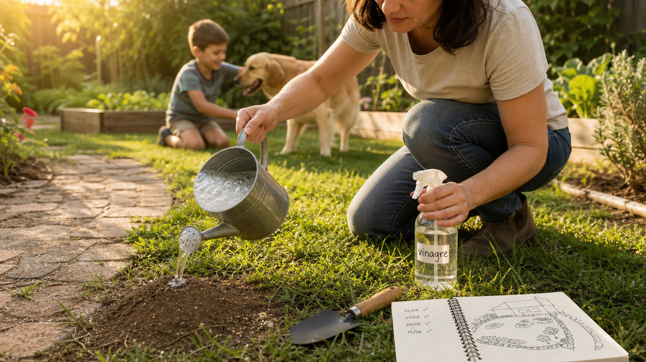 Mulher regando planta no jardim com criança e cachorro ao fundo em dia ensolarado.