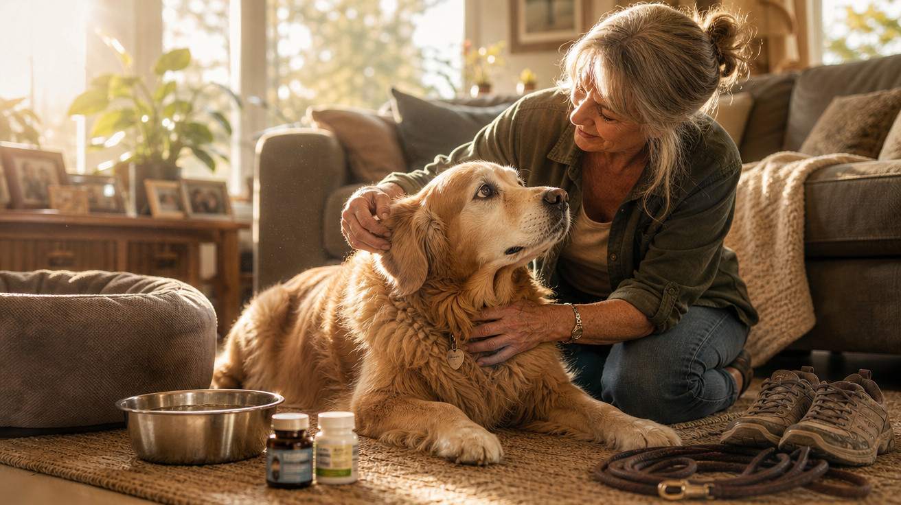 Mulher acariciando cachorro Golden Retriever dentro de casa, com remédios e coleira ao lado.